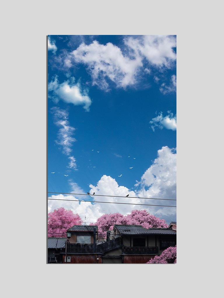 japanese city view pink blue poster wall scroll