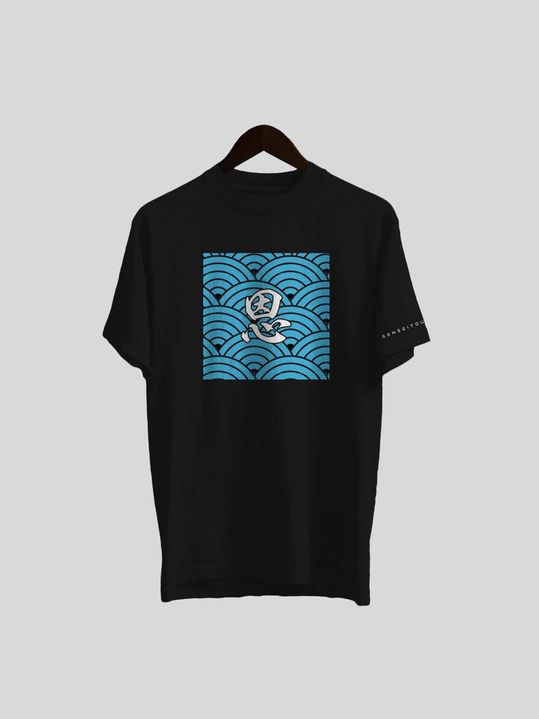 blue wave pattern Japanese design shirt black with kindness kanji (7911601275133)