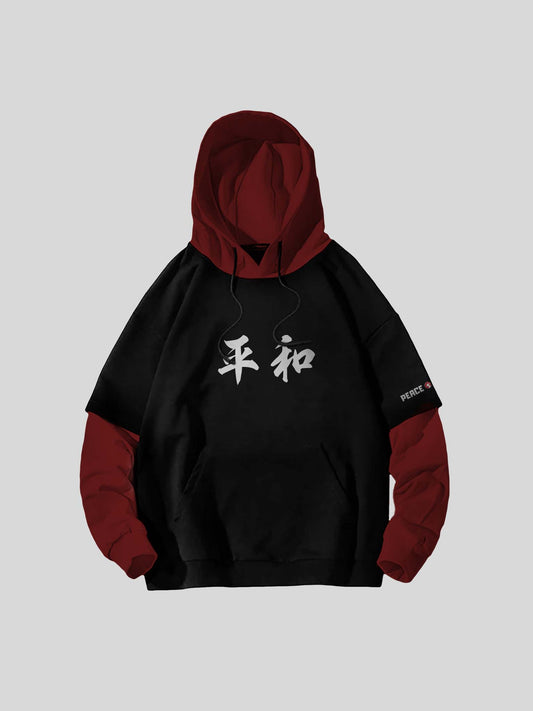 Japanese kanji heavyweight color block peace hoodie balck and maroon (7468258033917)