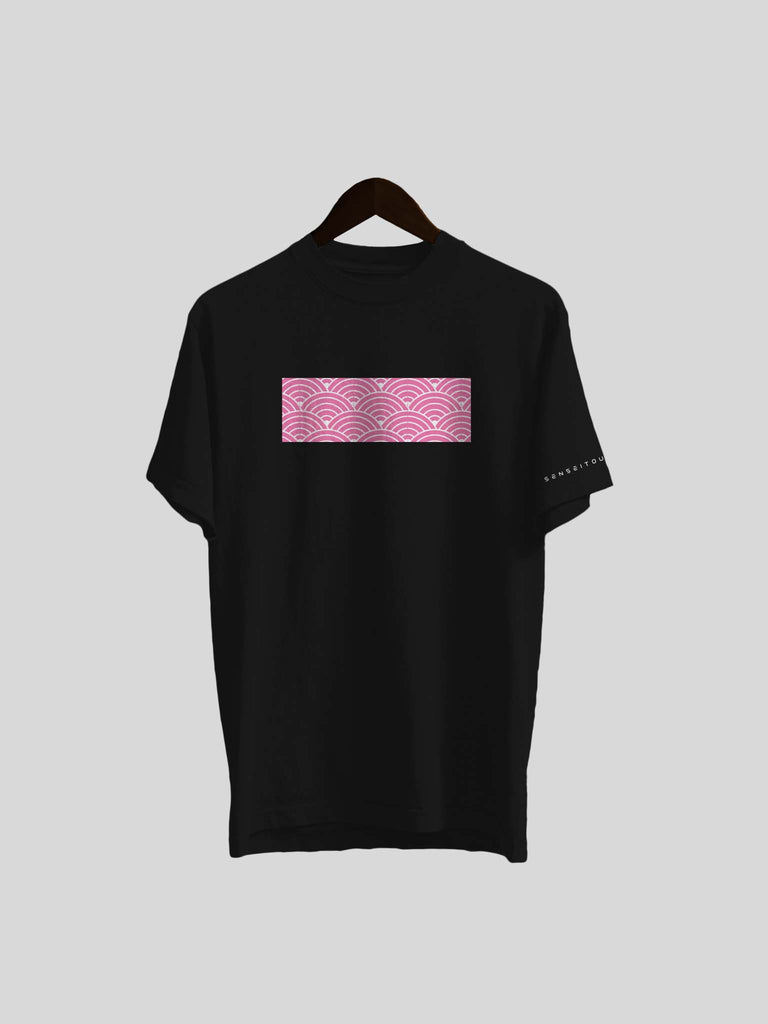 pink japanese wave pattern design black shirt streetwear (7911602651389)