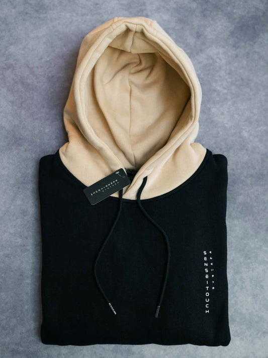 senseitouch chest logo heavyweight hoodie black and beige (7468258197757)