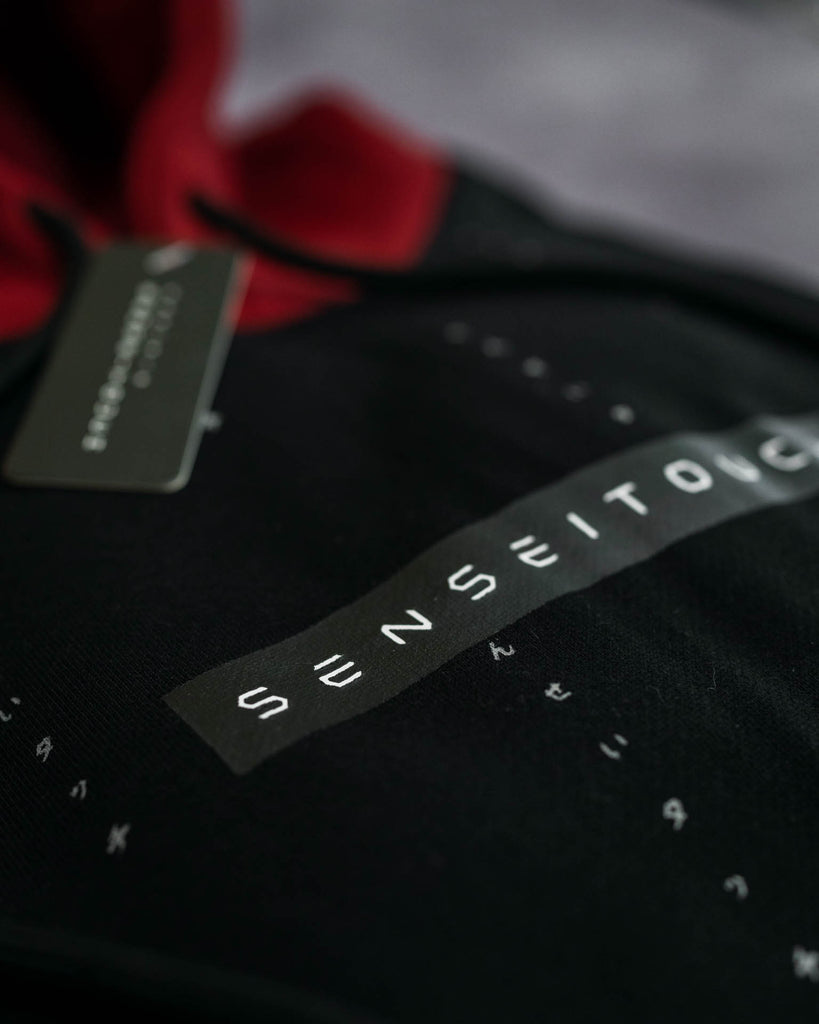 senseitouch logo pattern print on color block hoodie red and black (7468258132221)