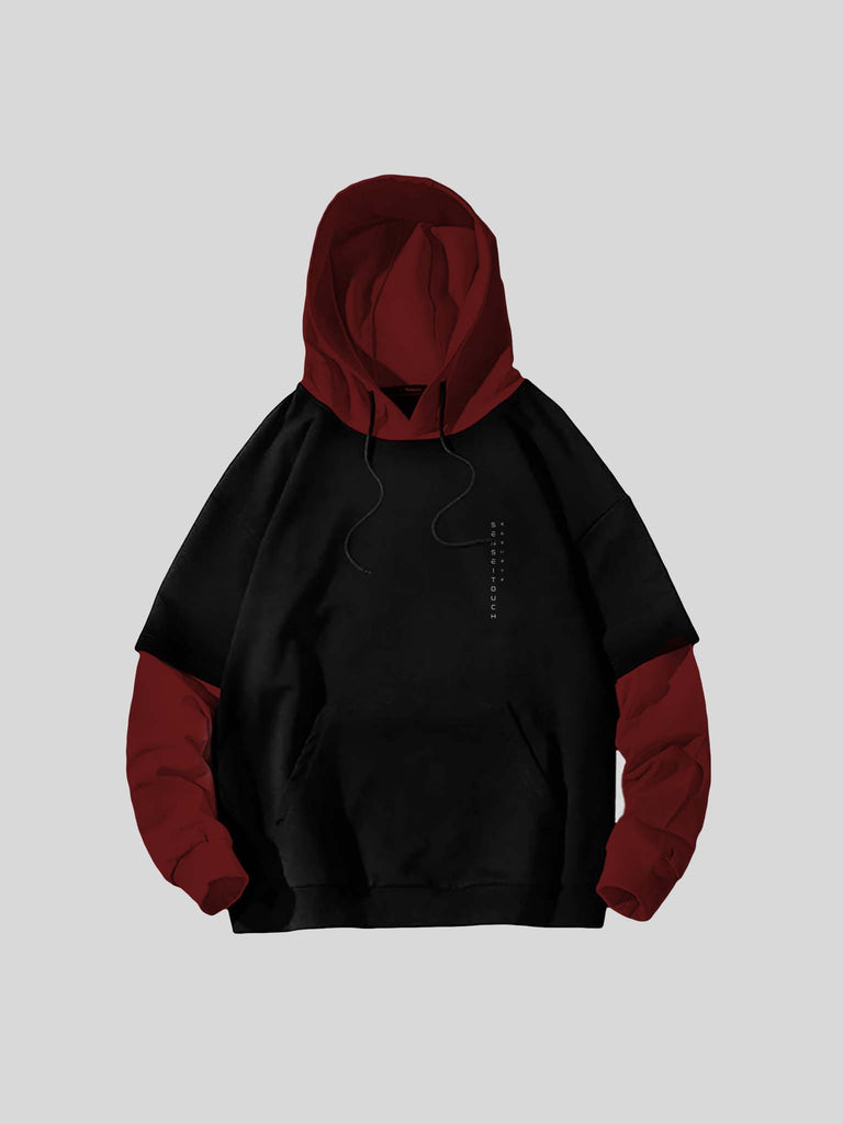 Sensei Touch vertical logo heavyweight color block hoodie black and maroon (7468258230525)