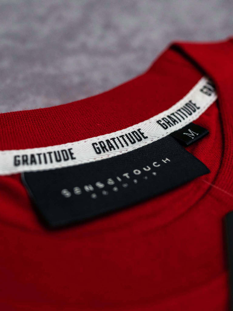 gratitude shirt neck tape close up (7468312330493)