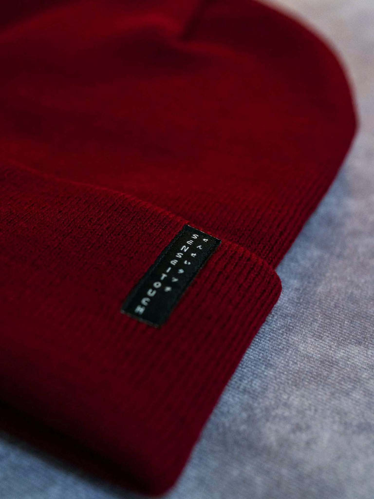 senseitouch logo woven label on maroon beanie (7468097765629)