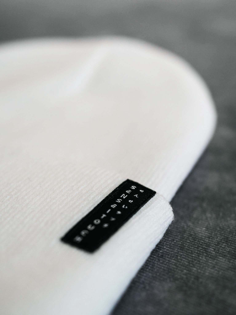 senseitouch logo woven label on white beanie (7468097700093)